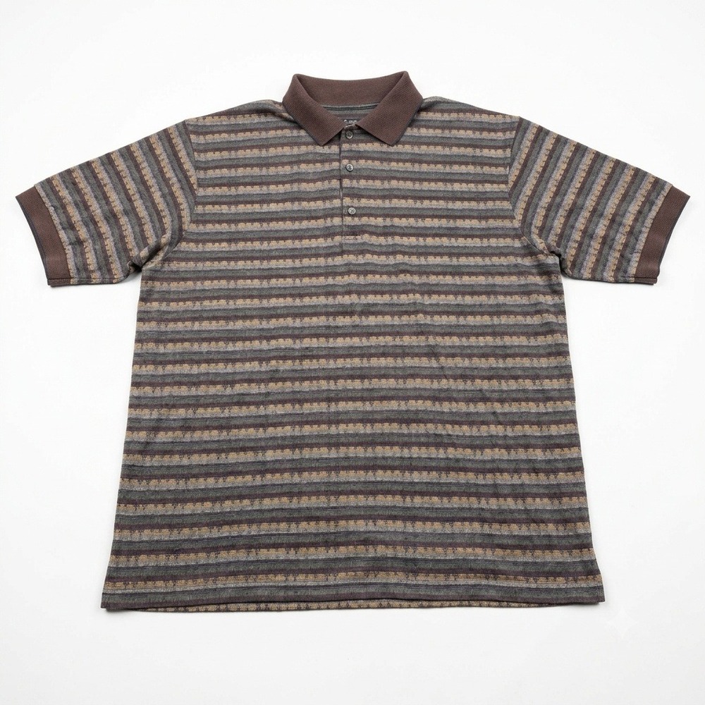 Robert Barakett Polo Shirt Mens‎ L Brown Striped Jacquard Mercerized Cotton